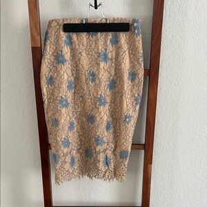 Floral Lace Pencil Skirt - Blue and Tan